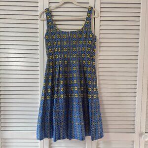 100% Cotton Fit & Flare Size US 8 I Blue & Yellow Summer Dress Scoop NecK